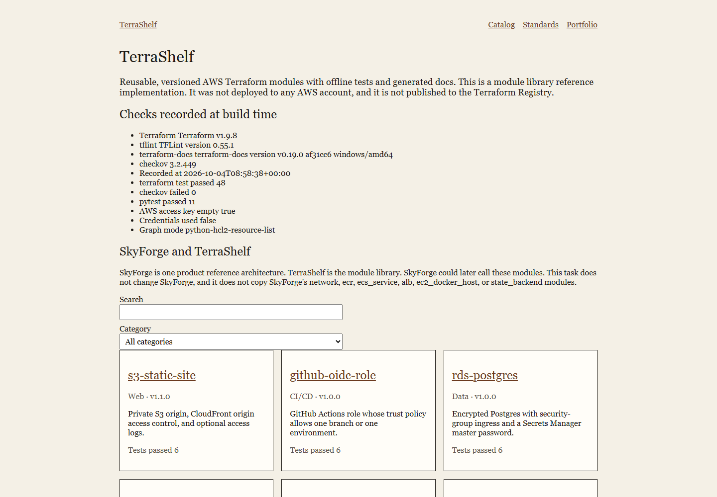TerraShelf catalog of eight offline AWS Terraform modules