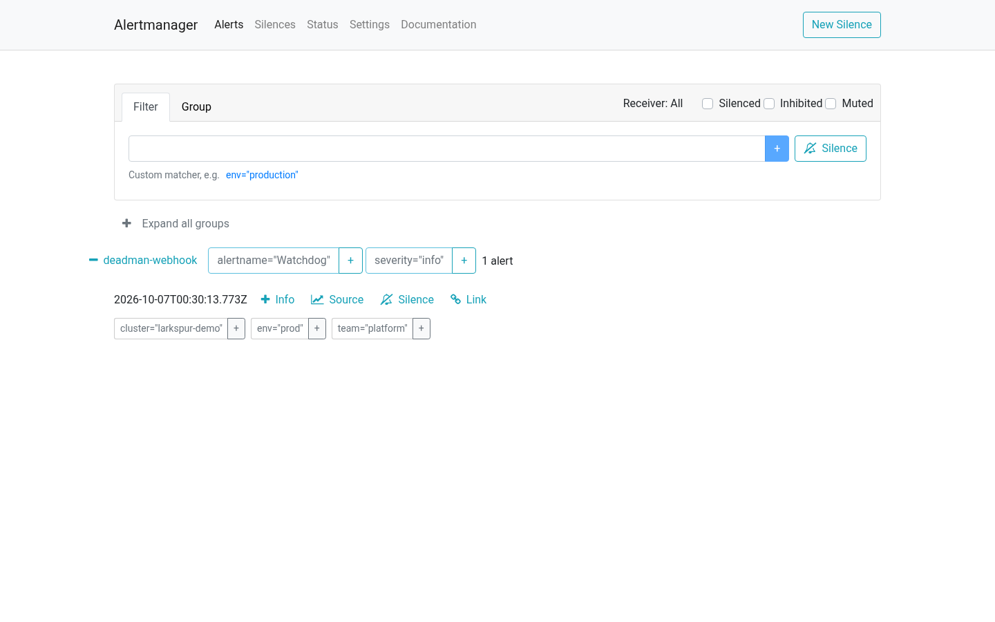 Alertmanager, Watchdog was listed by the API. 合成数据（seed 42），非生产遥测. Synthetic data (seed 42), not production telemetry.