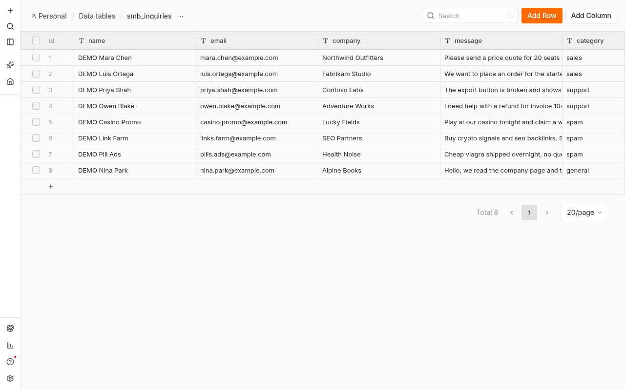 n8n data table with eight demo inquiry rows