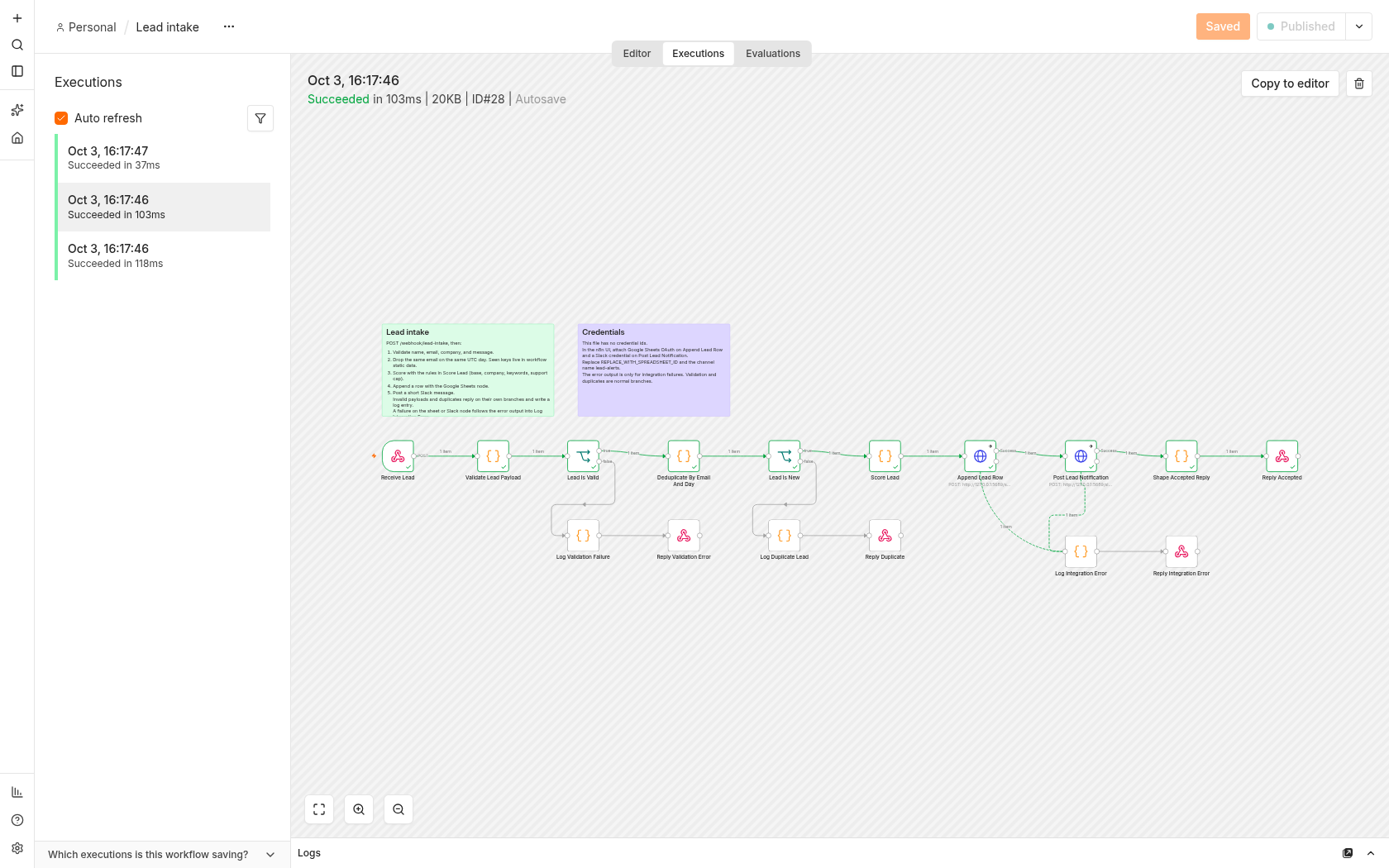 Successful execution record for Lead intake
